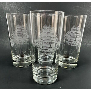 MCM Highball Pilsner Tumbler Glass set 4, Clipper Ship Sail Boat Nautical VTG